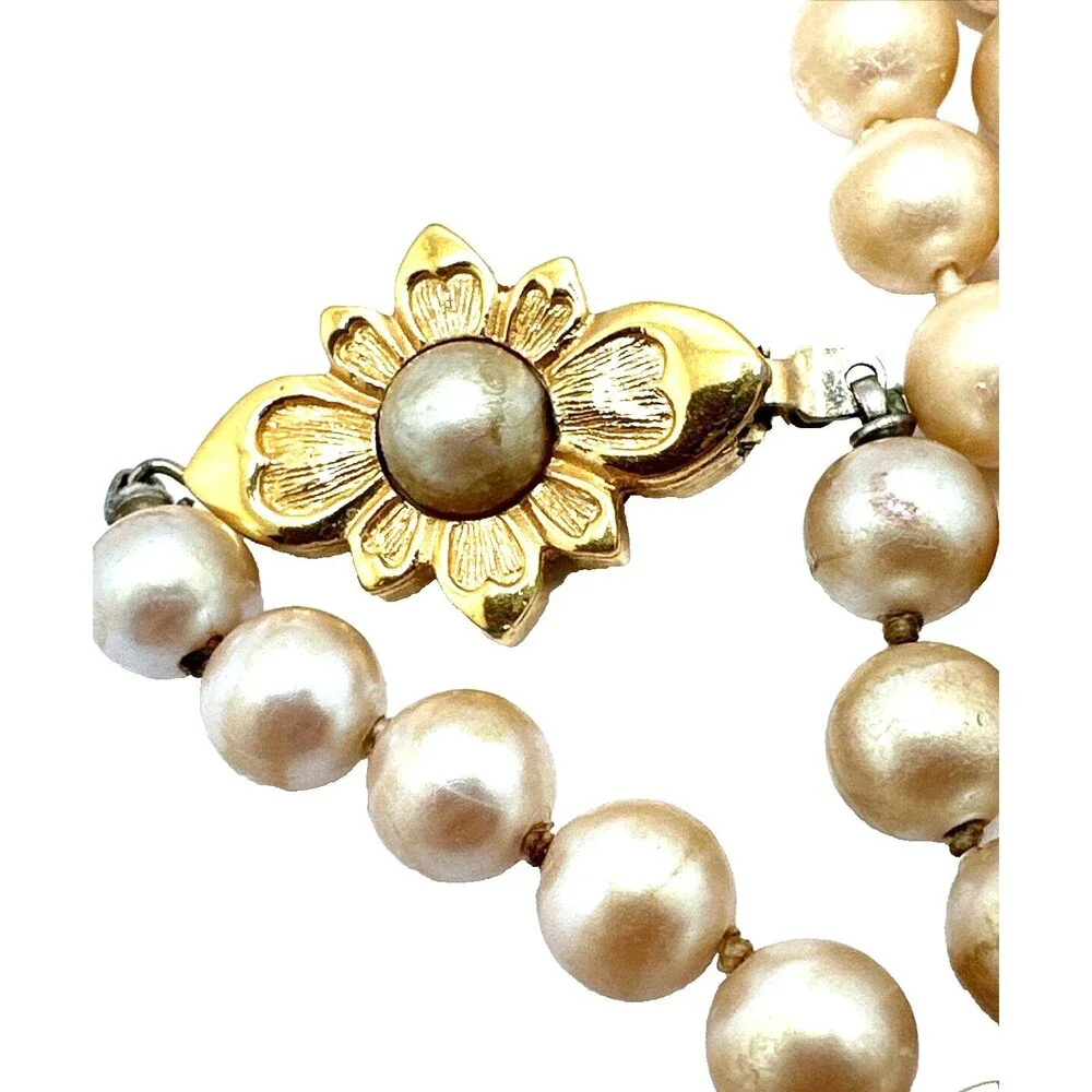 Vintage Faux Pearl Necklace Pale Gold Glass Bead Floral Clasp Statement 28